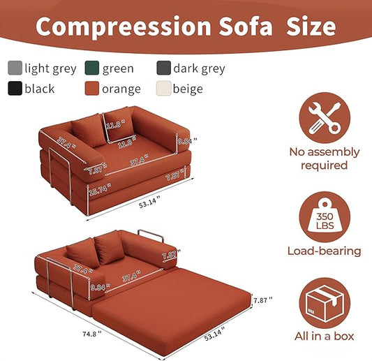 BSHOMGI Folding Sofa Bed, 4 in 1 Convertible Sofas to Lounger Comfy Single Bean Bag Chair Floor Portable Foldable Sleeper Lazy Futon Couch Chair for Bedroom, Living Room (Orange, 53.15" Double Sofa)