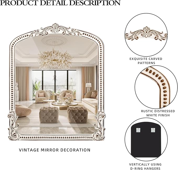 Baroque Arched Wall Mirror: 30x35 Inch Rustic Farmhouse Mirror - Ornate Decorative Mirrors for Fireplace, Living Room, Bedroom, Entryway, Bathroom