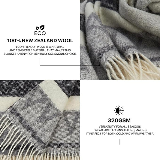 | Wool Blanket/Throw | 100% New Zealand Wool | Perfect for Home and Outdoors | Virgin Wool Throw with Fringes 75"x87" (190 x 220 cm)