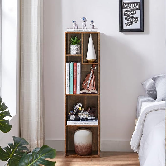 VECELO 4-Tier Bookcase, Modern Storage Cabinet with Height Difference Shelves for Standard Textbooks, 5 Cubes, Vertical or Horizontal, Easy Assembly, Rustic Brown