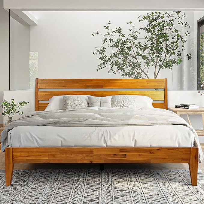Acacia Emery Bed Frame with Headboard Solid Wood Platform Bed, King Size Bed Frame, Mid - Century Modern Wood Bed Compatible with All Mattresses, Easy Assembly, Non-Slip, Caramel.