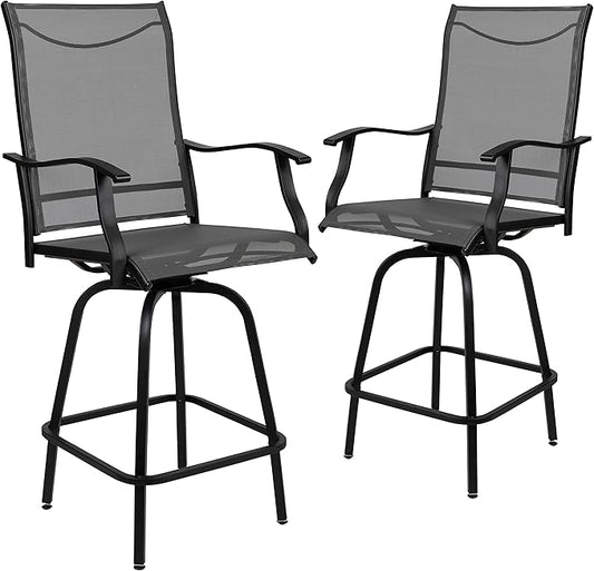 Flash Furniture Valerie All-Weather Swivel Patio Barstools with Footrest and Armrests, Modern Sling Outdoor Bar Height Stools, Set of 2, Gray