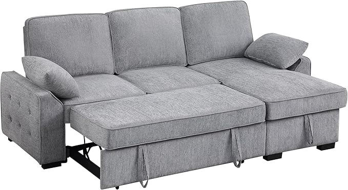 ERYE L-Shaped Pull Out Sleeper Couch Bed, Modern Chenille Upholstered Button Tufted Corner Couch Reversible Sectional Sleeper Sofa Bed W/Storage Chaise, Cup Holders