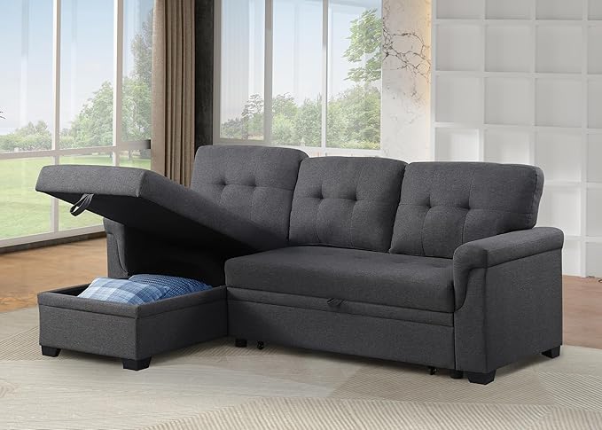 ERYE 83-inch Pull Out Sleeper Couch Bed, L-Shaped Reversible Sleeper Sectional Sofa Linen Blend Tufted Upholstered Corner Convertible Sofa Bed with Storage Chaise