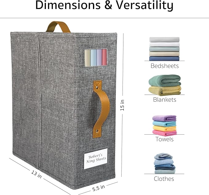 2-Pack Set Bed Sheet Organizer – Premium Linen Storage with PU Leather Handles & Dual Labels | Fits King/Queen Sheets | Closet, Underbed & Shelf Use | Closet Organizers and Storage (Gray)