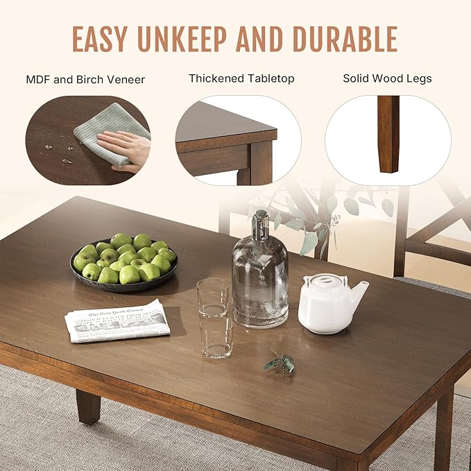 6-Piece Wooden Dining Table Set, Dining Table Set for 6, Including 1 Dining Table, 4 Upholstered Chairs and 1 Bench, Wooden Legs Dining Table, Table Set for Dining Room & Kitchen, Walnut