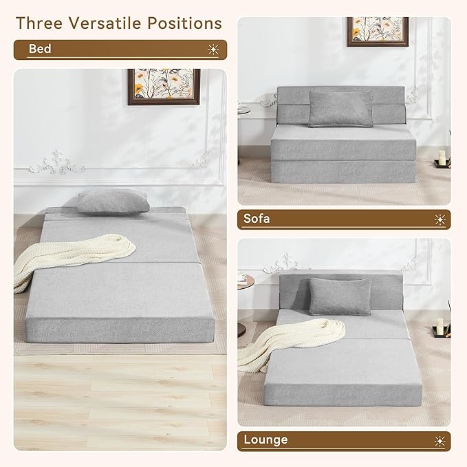 WUTUTUEE Folding Sofa Bed Convertible Floor Couch Foldable Chair Bed with Pillow，Linen Sleeper Chair Futon,Foldable Memory Foam Mattress for Bedroom/Living Room/Dorm/Office (Light Grey, Standard)