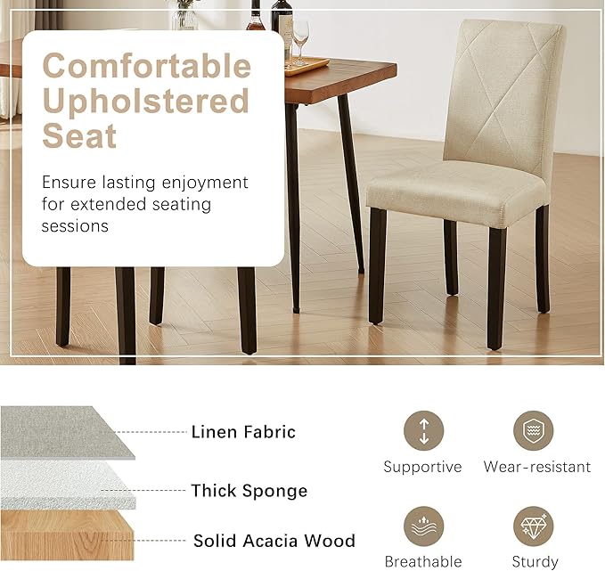 VECELO Upholstered Dining Chairs Set of 4, Modern Fabric and Solid Wood Legs & High Back for Kitchen/Living Room- Beige