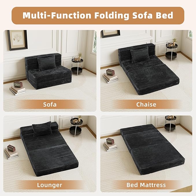 GEMBED Convertible Foldable Sofa Bed Queen - 4 in 1 Sleeper Chair with Pillow, Fold Out Couch, High-Density Foam Floor Mattress, Space-Saving Futon for Living Dorm Guest Room and Office, Grey