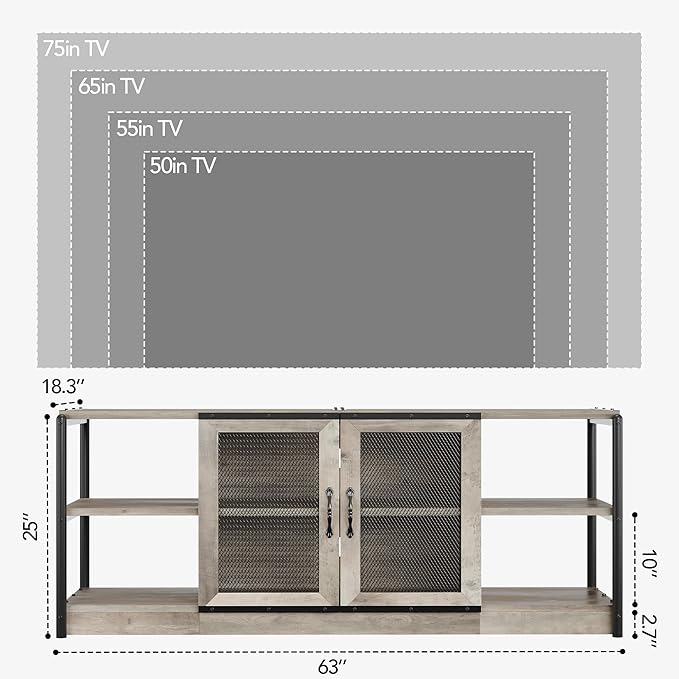 Farmhouse TV Stand for 65/75 inches TVs, Industrial Entertainment Center with Double Mesh Doors and Storage Cabinet, Rustic TV for Living Room, Grey