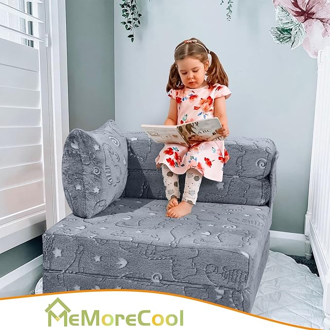 MeMoreCool Kids Floor Mattress Glow in The Dark, Convertible Sofa Couch, Folding Futon Chair Bed for Kids Playroom (Glowing Dinosaur)