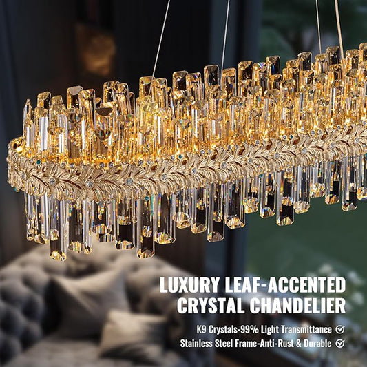 Luxury Crystal Chandeliers for Dining Room,40“ Gold Contemporary K9 Crystal Chandelier,Adjustable Pendant Ceiling Light Fixture with Leaf-Edge for Dining Living Room Foyer Entryway
