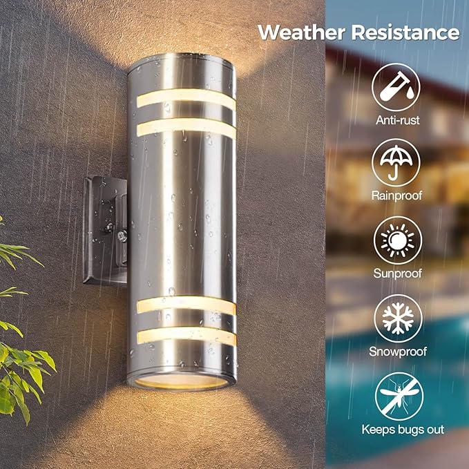 Dusk to Dawn Outdoor Wall Lights 2 Pack, Up Down Stainless Steel Exterior Lighting Fixtures with Photocell Sensor, Waterproof Outdoor Sconce Lights for House Porch Garage Patio, LED Bulbs Included