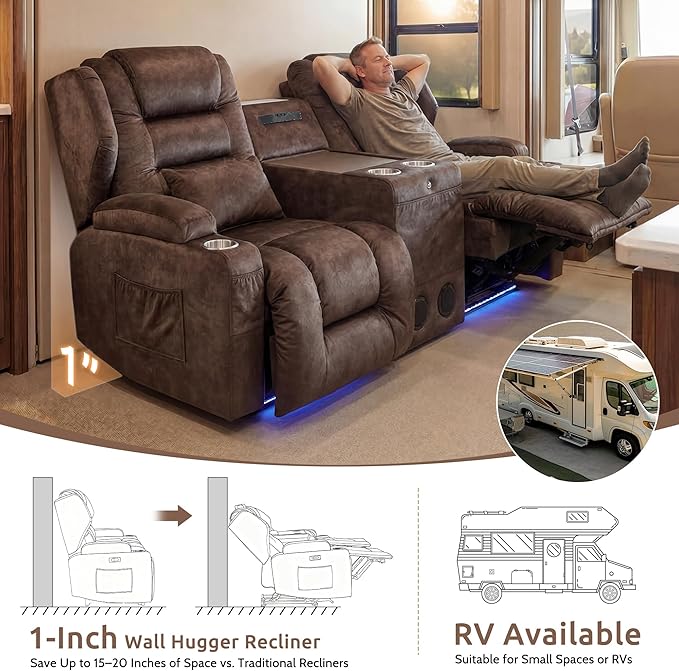 SAMERY Loveseat Recliner Sofa, Power Reclining Loveseat Sofa, Wall Hugger Recliners RV Couch with Console, Lift-Top Table, Rhythm & Ambient LED Lights, USB-C, Outlets, Velvet, Chestnut | Extra Wide Seat, Plush Padding, Dual Power Recline, Lift-Up Table...