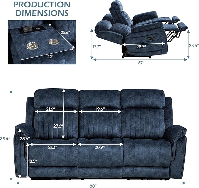 Zero Gravity Power Reclining Sofa with Adjustable Headrest, Electric Reclining Couch with Wireless Charge, Recliner Sofa 3 Seater with Drop Down Table,Cup Holder,USB Ports (Blue)