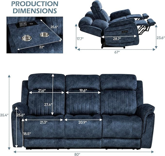 Zero Gravity Power Reclining Sofa with Adjustable Headrest, Electric Reclining Couch with Wireless Charge, Recliner Sofa 3 Seater with Drop Down Table,Cup Holder,USB Ports (Blue)