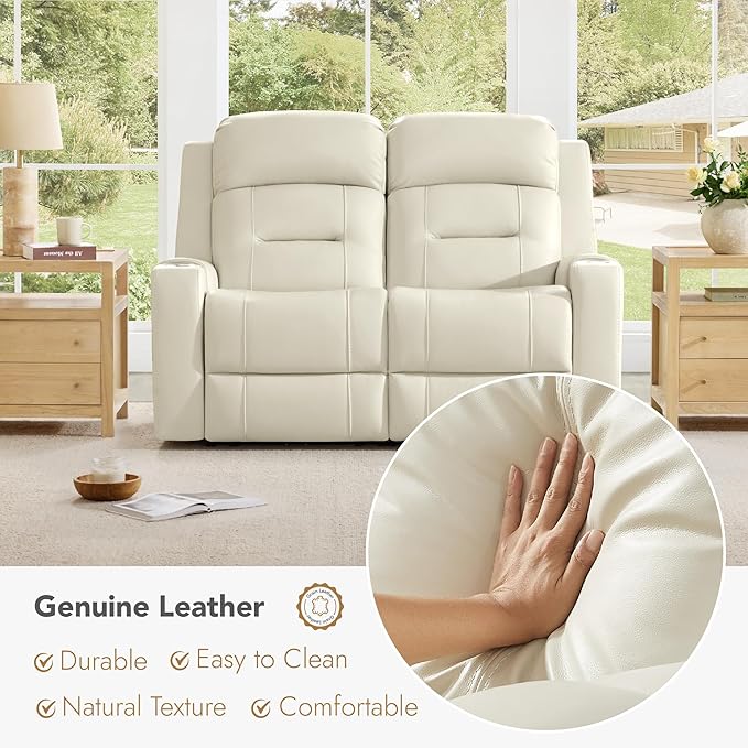 Watson & Whitely Genuine Leather Power Loveseat Recliner Sofa, Lay Flat Loveseat Reclining Sofa with Power Headrest, Cup Holders, USB & Type-C Ports, Dual Recliners for Living Room, Cream