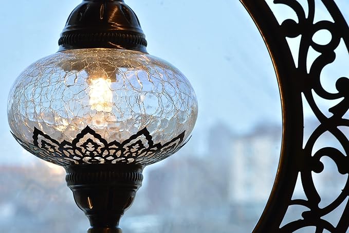 Mozaist Turkish Clear Glass Moon Shape Table Lamp, Vintage Moroccan Crescent Bohemian Desk Light, Rustic Living Room Antique Glam Home Decor Lighting, Luna Design Bedside Nightstand (Crack Clear)