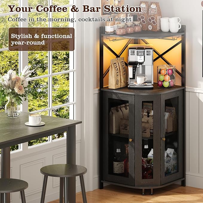 JKsmart Corner Bar Cabinet with LED Lights,4-Tier Wine Bar Cabinet with Glass Holder,Industrial Liquor Cabinet with Door and Shelf,Farmhouse Home Bar for Liquor Wine Coffee Storage,Black