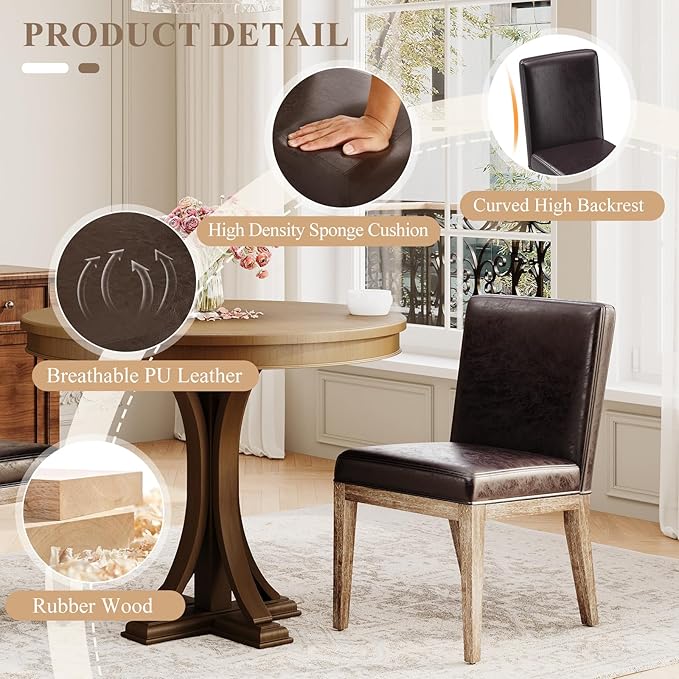 Wooden Dining Chairs Set of 4, Modern Leather Upholstered Dining Room Chair, Kitchen Side Chairs, Farmhouse Dinner Chair with High Back for Kitchen, Brown