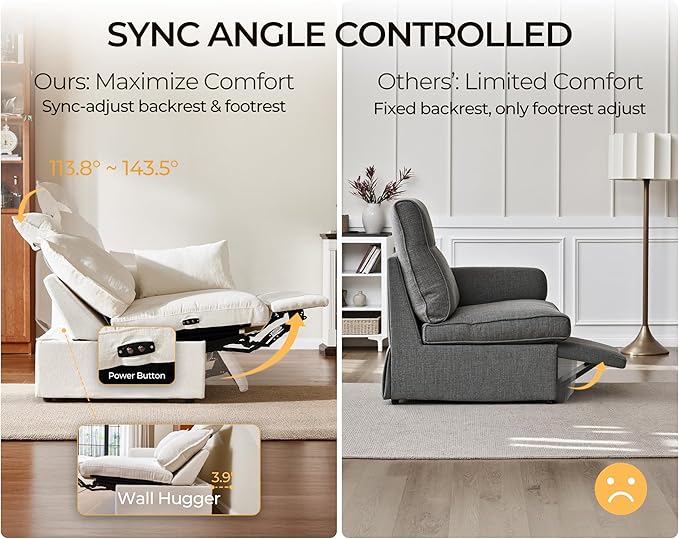 124.8'' Oversized Power Recliner Sofa with Headrest, Extra Wide Modular Cloud Sectional Reclining Couch, Convertible 4-Seater with Storage Ottoman for Home Theater Living Room, Chenille, White