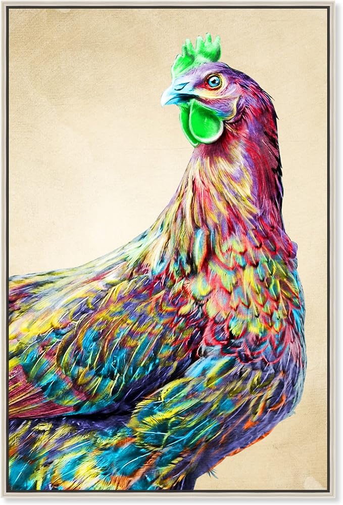 Country Farmhouse Canvas Print Painting Animal Wall Art 'Fun Colorful Glam Rooster' Champagne Framed Canvas Rustic Home Décor 30x45 in Pink, Green by Oliver Gal