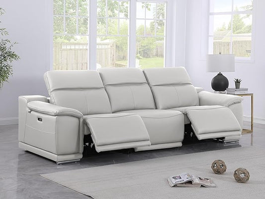 BlackJack Furniture Venice Top Grain Italian Leather Dual Power Recliner Sofa - 107" Theater Seating Modern Couch for Living Room Apartment Home with Adjustable Headrests & USB Port, Light Grey