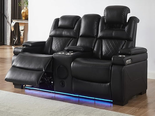 THSUPER Power Breathable Leather Reclining Loveseat with 7-Color LED Light, Living Room Recliner Couch with Adjustable Headrest/USB Port/Wireless Charging/Bluetooth Speaker for Living Room, Black