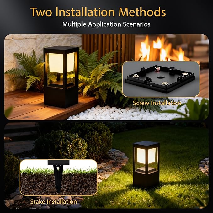 Solar Bollard Lights Outdoor, Premium Modern Led Landscape Pathway Lights Waterpoorf, Path Lighting for Garden Yard Walkway, 3CCT Seturable, Dusk to Dawn, Auto On/Off (2 Pack)