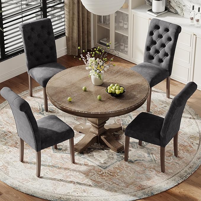 Upholstered Tufted Dining Room Chairs Set of 6, Parsons Kitchen Chairs with Padded Seat and Solid Wood Legs, Fabric Accent Side Diner Chair for Dining Room/Kitchen/Living Room, Black