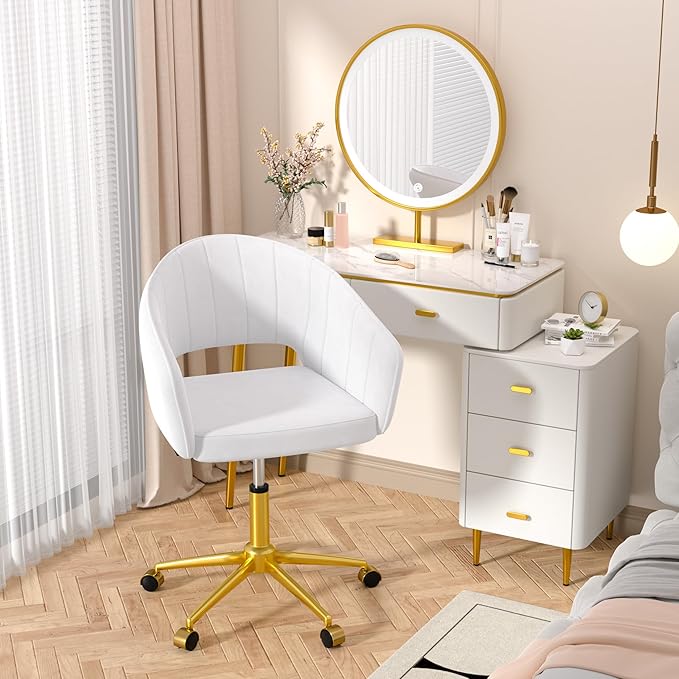 VECELO Velvet Accent Chair Set of 2, Adjustable Luxury Vanity & Dining Chair with Gold Rolling Base, 360°Swivel Upholstered Armchair for Living Room, Bedroom, Home Office, Pearl White
