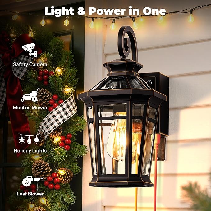 Outdoor Wall Light with GFCI Outlet, Oil Rubbed Bronze Dusk to Dawn Front Porch Light, Exterior Lighting Fixtures with Outlet, Outdoor Sconce Lights Wall Mount, Outside Lights for Patio, Garage