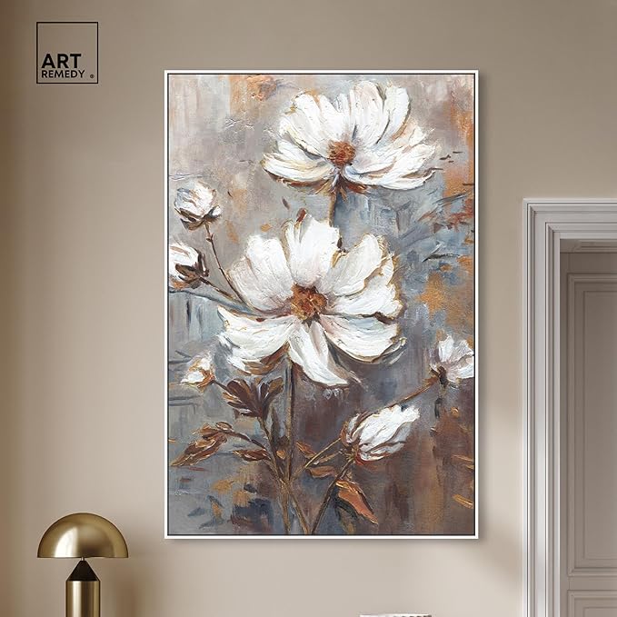 Art Remedy White Textured Flowers Canvas Elegant Floral Wall Art, White Frame, 36" x 54"