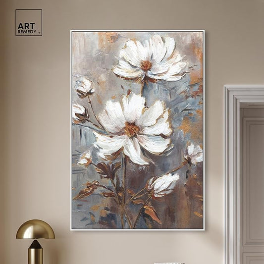 Art Remedy White Textured Flowers Canvas Elegant Floral Wall Art, White Frame, 36" x 54"