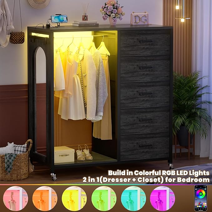 Cyclysio Dresser for Bedroom with Clothes Rack & Mirror, Grey 5 Drawers Dresser with Charging Station & LED Lights, Rolling Chest of Drawers with Wheels, Full Length Mirror, Wooden Top,Bedroom, Closet