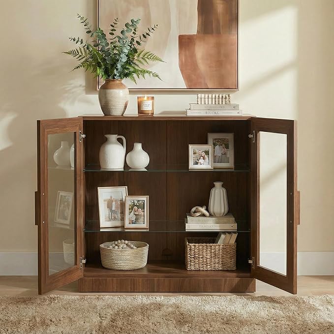 Casaphoria Adam Sideboard Buffet Cabinet with Storage, Display Cabinet with Glass Doors & Adjustable Shelves, 31" W x 31" H Buffet Cabinet for Entryway Kitchen Living Room, Walnut