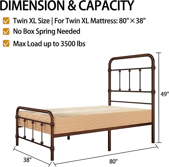 Twin XL-Bed-Frame with headboard Giselle-Vintage Antique-Metal - Platform Mattress Foundation,49 inch High,No Box Spring Needed(Brown)