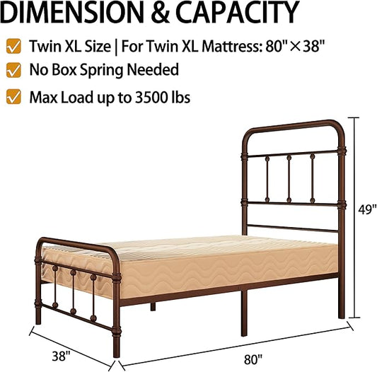 Twin XL-Bed-Frame with headboard Giselle-Vintage Antique-Metal - Platform Mattress Foundation,49 inch High,No Box Spring Needed(Brown)
