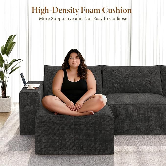 Vesgantti 114" Modular Boneless Couch, Modern 3 Seater Sectional Sofa with Ottoman & Deep Seat, Convertible Chenille L Shaped Cloud Couches for Living Room, No Assembly Required, Dark Grey