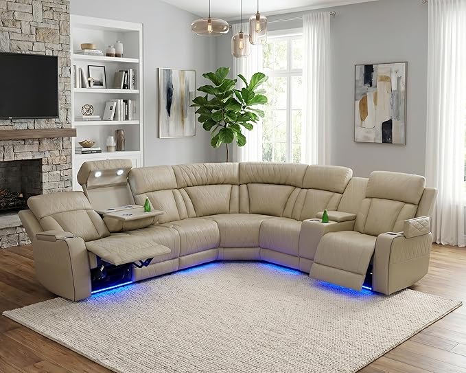 Power Recliner Sectional Sofa with LED, Breathing Leather Reclining Sectional Couch, 6 Seat L Shaped Recliner Couch with Cup Holders/Storage/Reading Light (Beige)