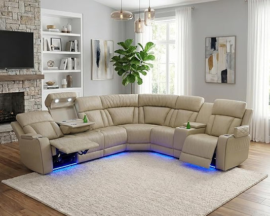 Power Recliner Sectional Sofa with LED, Breathing Leather Reclining Sectional Couch, 6 Seat L Shaped Recliner Couch with Cup Holders/Storage/Reading Light (Beige)