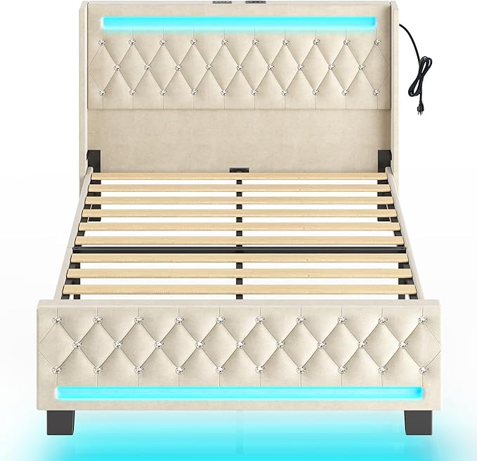 Rolanstar Queen Bed Frame with LED Light and Charging Station, Upholstered High Headboard and Footboard, Wood Slats, Noise Free, Easy Assembly, Beige