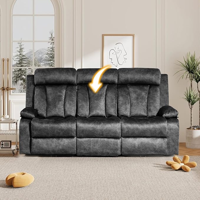 Electric Power Reclining Sofa w/Flipped Middle Backrest & Cup Holders, Power Recliner Couch w/Massage & Heat, Spacious 3-Seater Couch for Living Room Comfort (Gray)