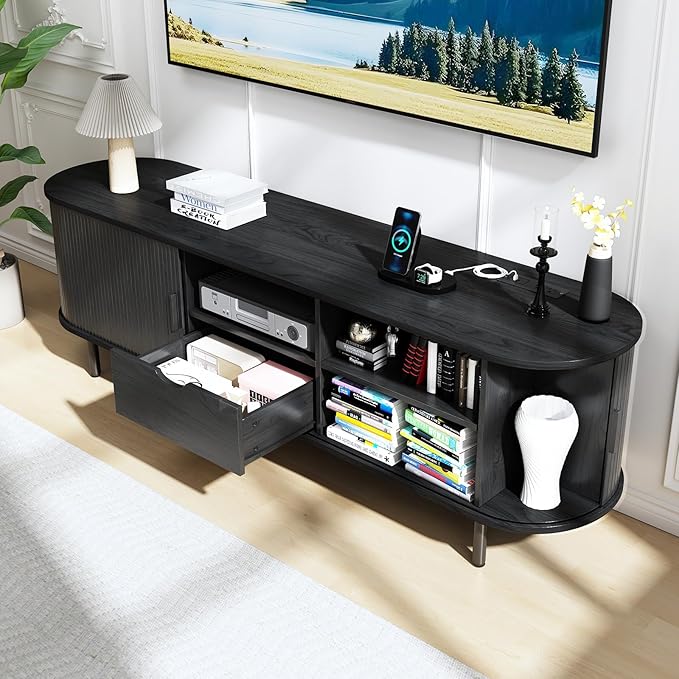 69" Mid-Century TV Stand with Power Outlet, Fluted Entertainment Center with Storage Drawer, TV Console with Sliding Door and Adjustable Shelves, TV Stand up to 80" for Living Room, Bedroom, Black