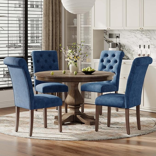 Upholstered Tufted Dining Room Chairs Set of 4, Parsons Kitchen Chairs with Padded Seat and Solid Wood Legs, Fabric Accent Side Diner Chair for Dining Room/Kitchen/Living Room, Blue