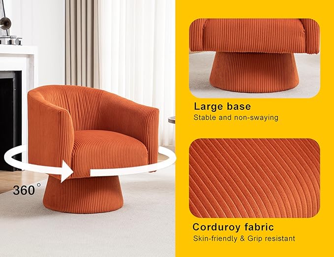 Swivel Accent Chair, Modern 360° Barrel Chair, Corduroy Upholstered Single Sofa for Living Room, Bedroom(Orange)