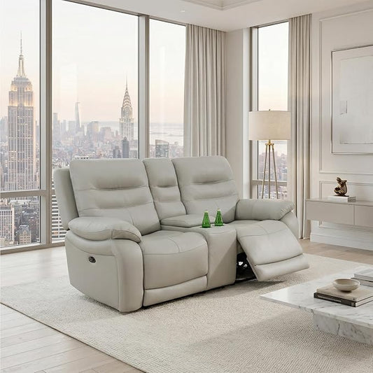 Power Reclining Loveseat, 2-Seater Genuine Leather Recliner Couch, Light Grey Top Grain Leather Sofa with Cup Holders/Storage/USB Port for Living Room, Apartment, Office