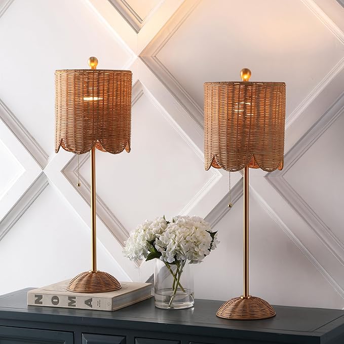 JONATHAN Y 27.5" Brass Gold Coastal Buffet Table Lamp Set of 2 for Bedroom, Boho Table Lamps with Natural Rattan Scalloped Shade, Pull Chain, LED Bulbs Included JYL1138A-SET2
