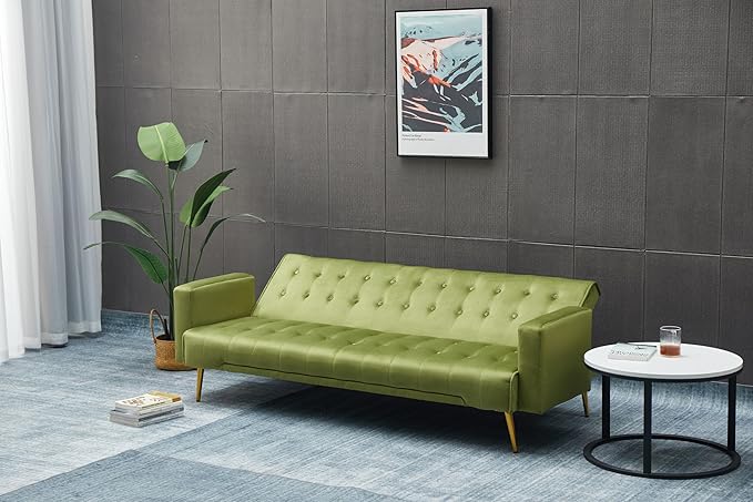 Eafurn Convertible Futon Sofa Bed, 75″Velvet Fabric Futons Loveseat Couch with Adjustable Backrest, Folding Sleeper Recliner Daybed for Living Room Furniture | Golden Legs, Wood Frame