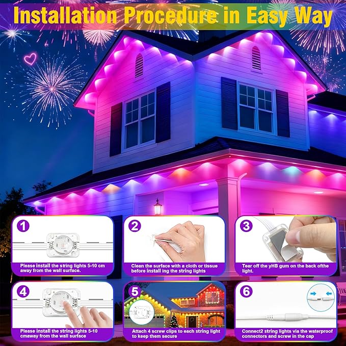 50ft Permanent Outdoor Lights for House, House Roof Lighting RGB+IC Smart Outdoor Decor 50 Scene Modes with App/Remote Control, IP67 Waterproof Pool Party Decor Led Lights for Christmas Party
